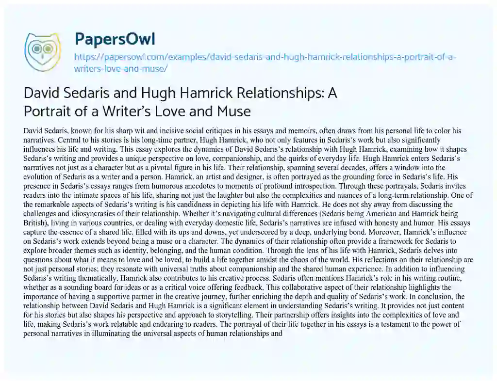 Essay on David Sedaris and Hugh Hamrick Relationships: a Portrait of a Writer’s Love and Muse