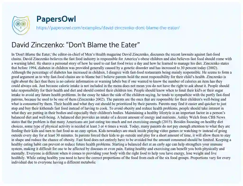 Essay on David Zinczenko: “Don’t Blame the Eater”