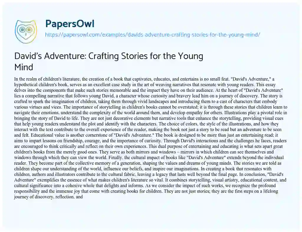 Essay on David’s Adventure: Crafting Stories for the Young Mind