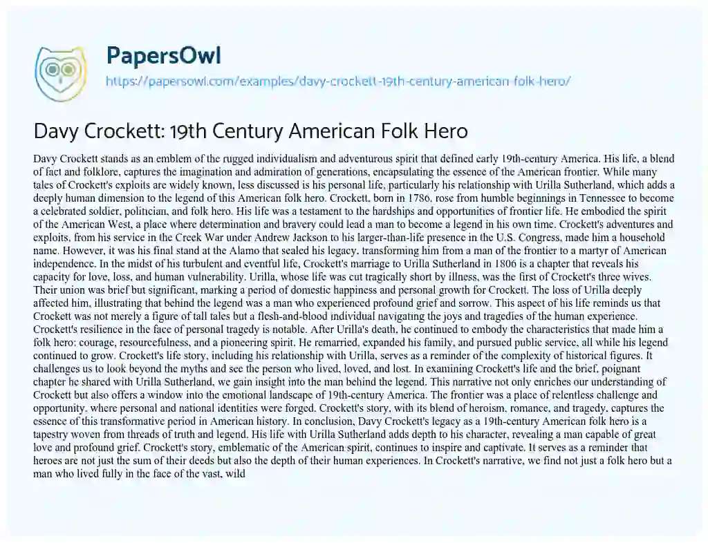Essay on Davy Crockett: 19th Century American Folk Hero