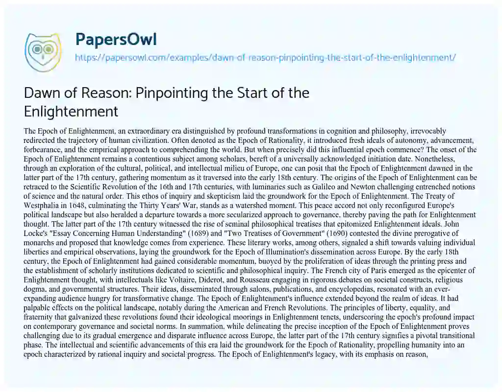 Essay on Dawn of Reason: Pinpointing the Start of the Enlightenment