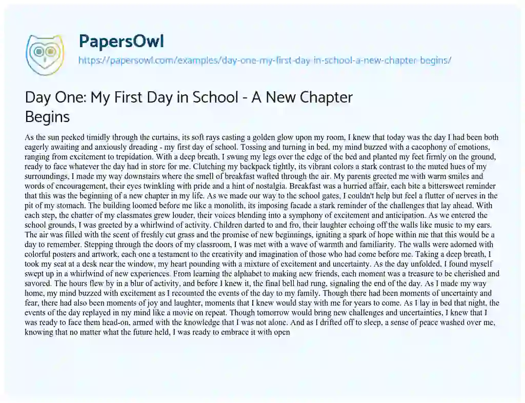 Essay on Day One: my First Day in School – a New Chapter Begins