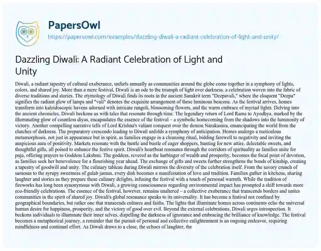 Essay on Dazzling Diwali: a Radiant Celebration of Light and Unity