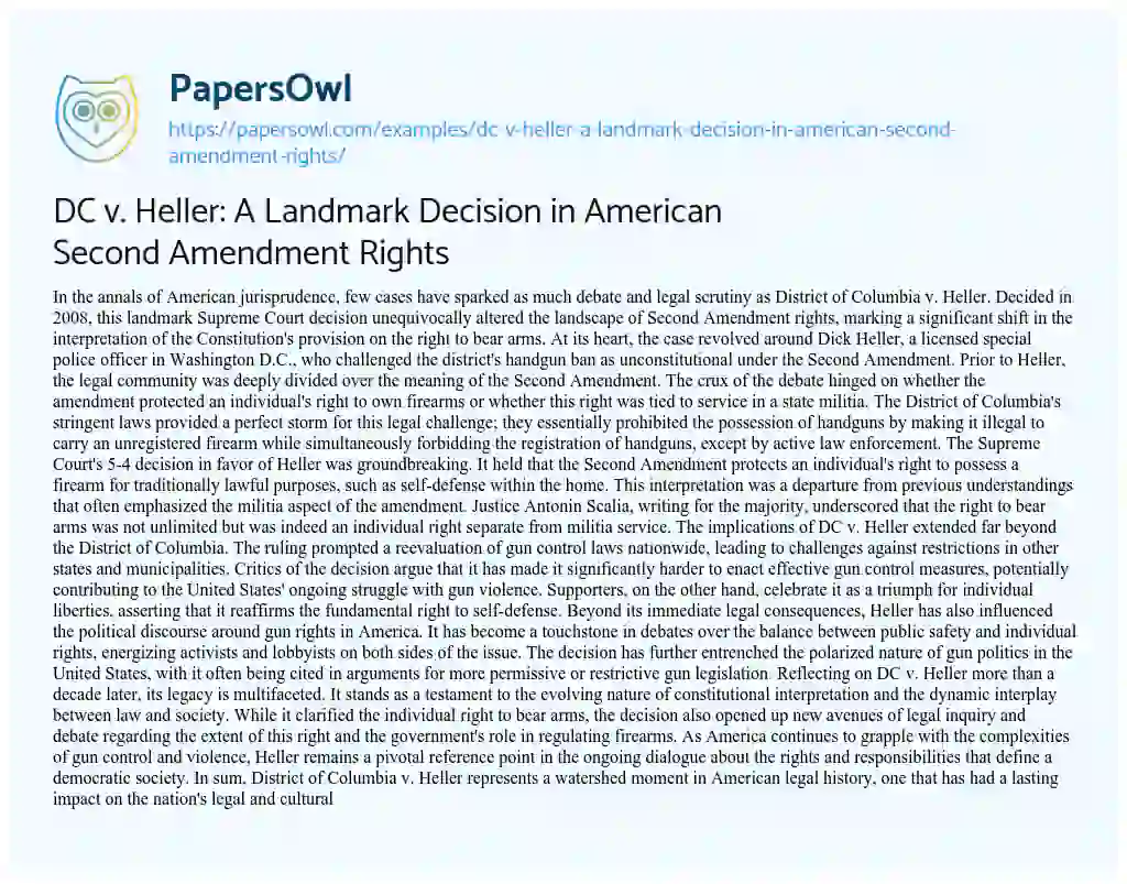 Essay on DC V. Heller: a Landmark Decision in American Second Amendment Rights