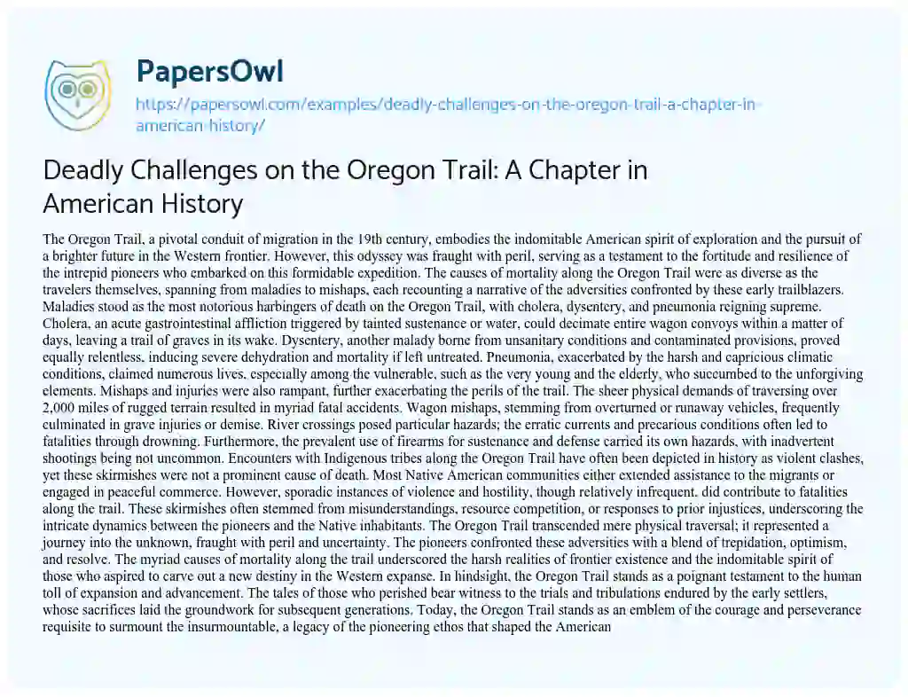 Essay on Deadly Challenges on the Oregon Trail: a Chapter in American History