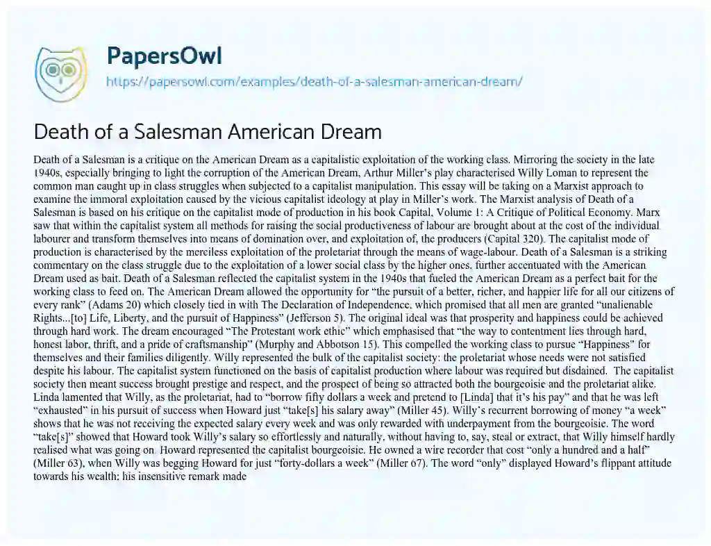 Essay on Death of a Salesman American Dream