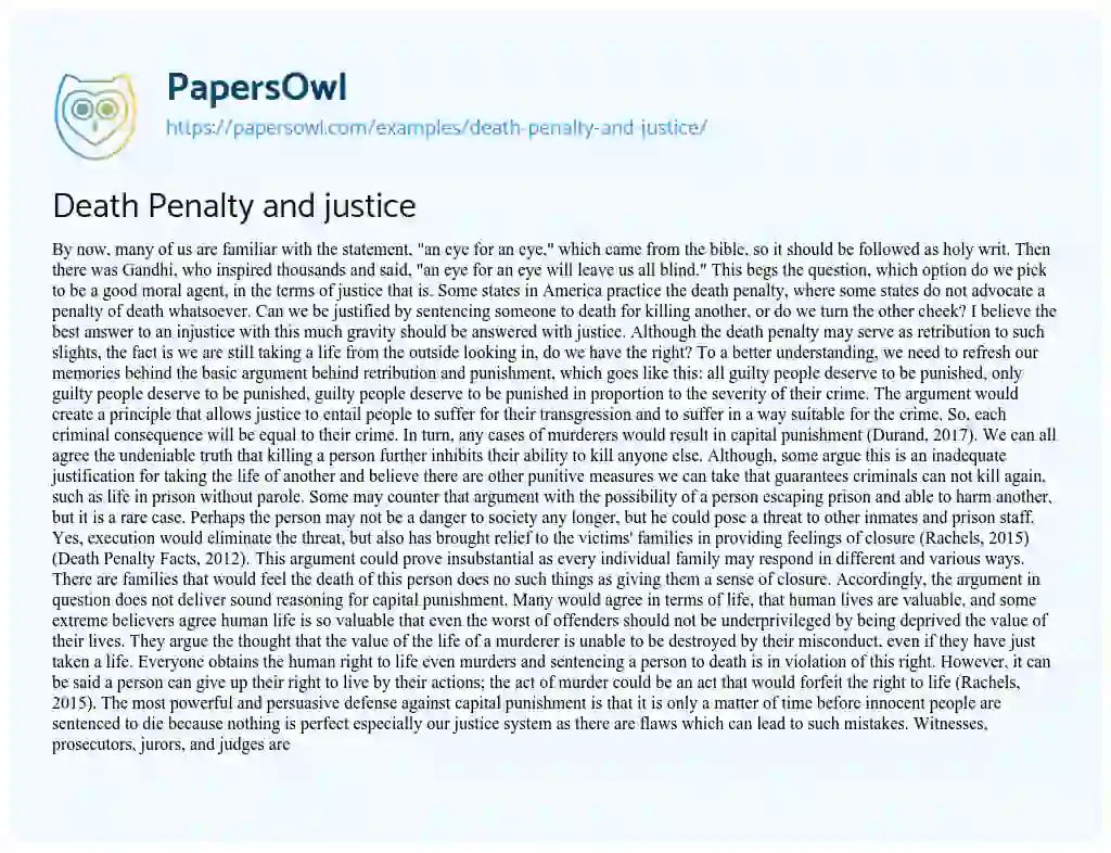 Essay on Death Penalty and Justice