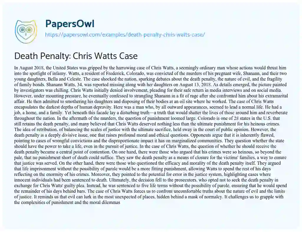 Essay on Death Penalty: Chris Watts Case