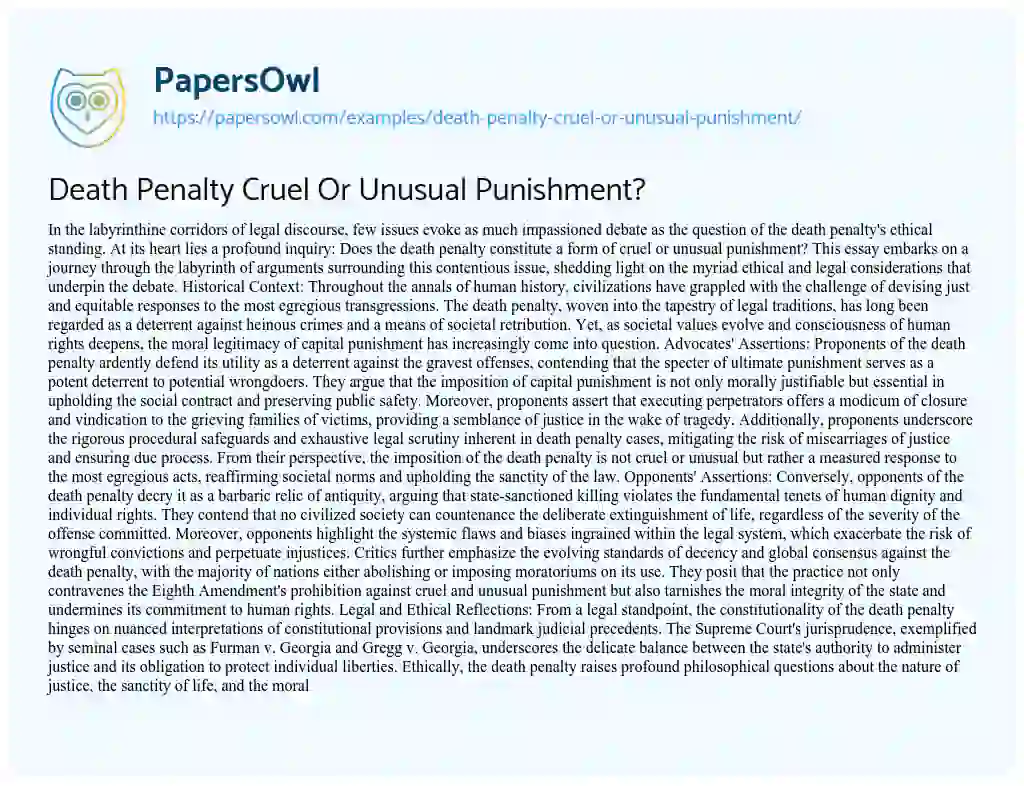 Essay on Death Penalty Cruel or Unusual Punishment?