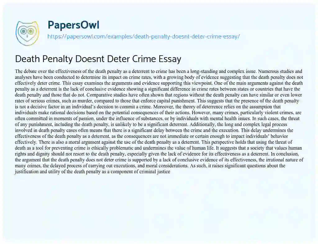 Essay on Death Penalty Doesnt Deter Crime Essay
