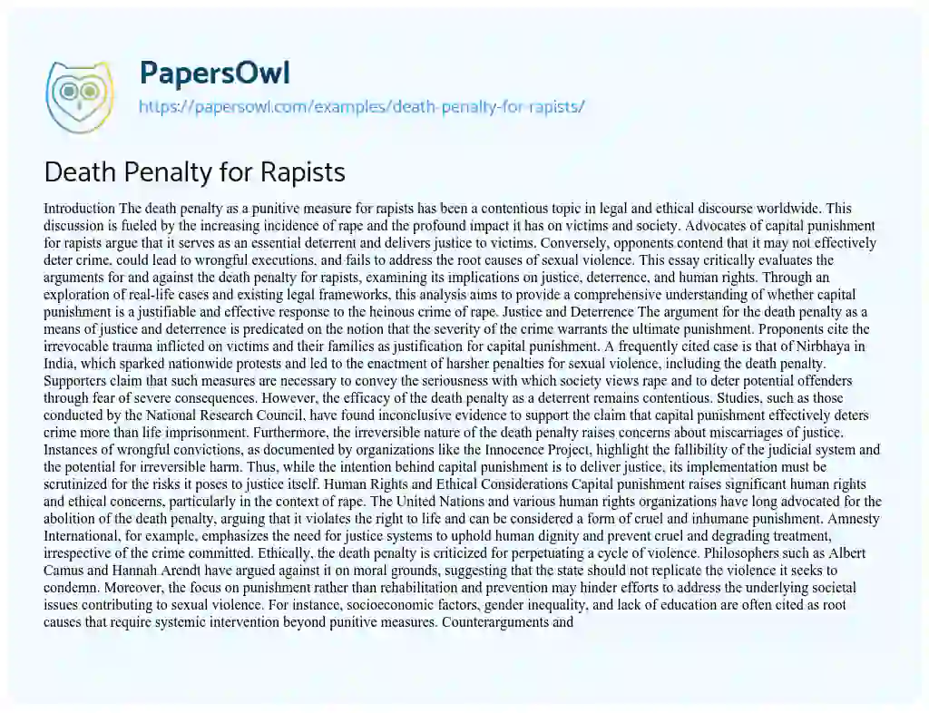 Essay on Death Penalty for Rapists