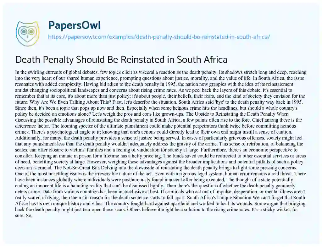 Essay on Death Penalty should be Reinstated in South Africa