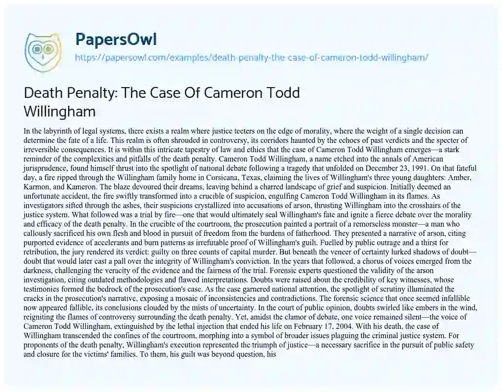Essay on Death Penalty: the Case of Cameron Todd Willingham