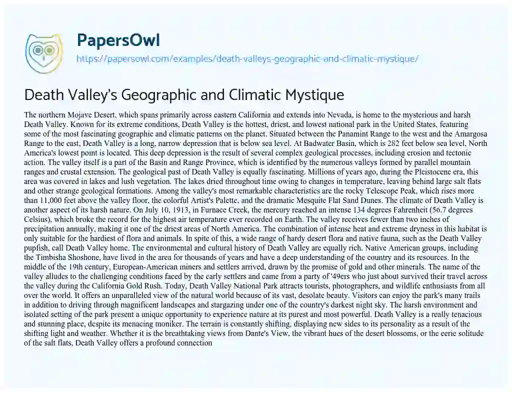 Essay on Death Valley’s Geographic and Climatic Mystique