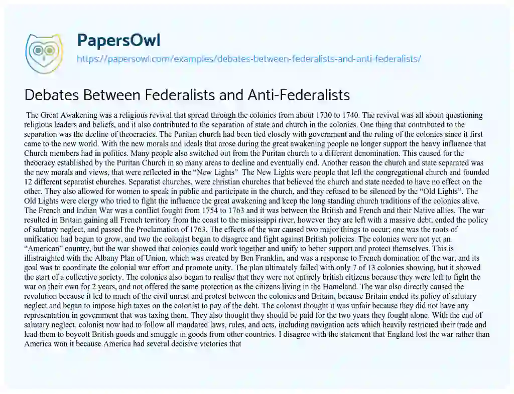 Essay on Debates between Federalists and Anti-Federalists