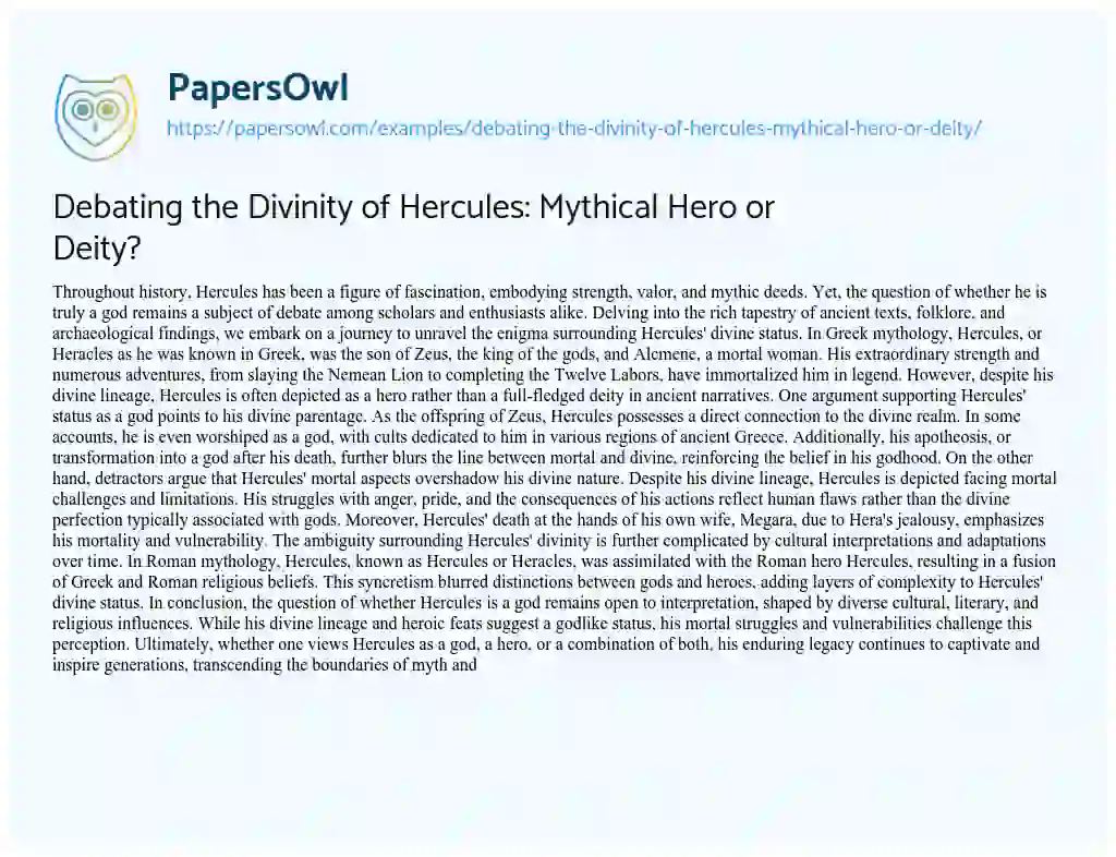 Essay on Debating the Divinity of Hercules: Mythical Hero or Deity?