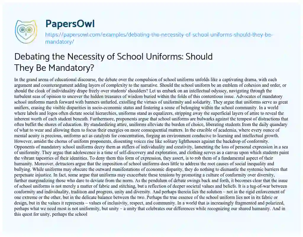 Essay on Debating the Necessity of School Uniforms: should they be Mandatory?