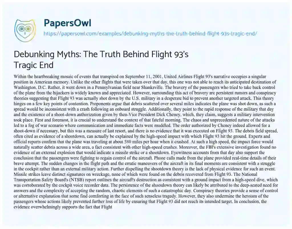 Essay on Debunking Myths: the Truth Behind Flight 93’s Tragic End