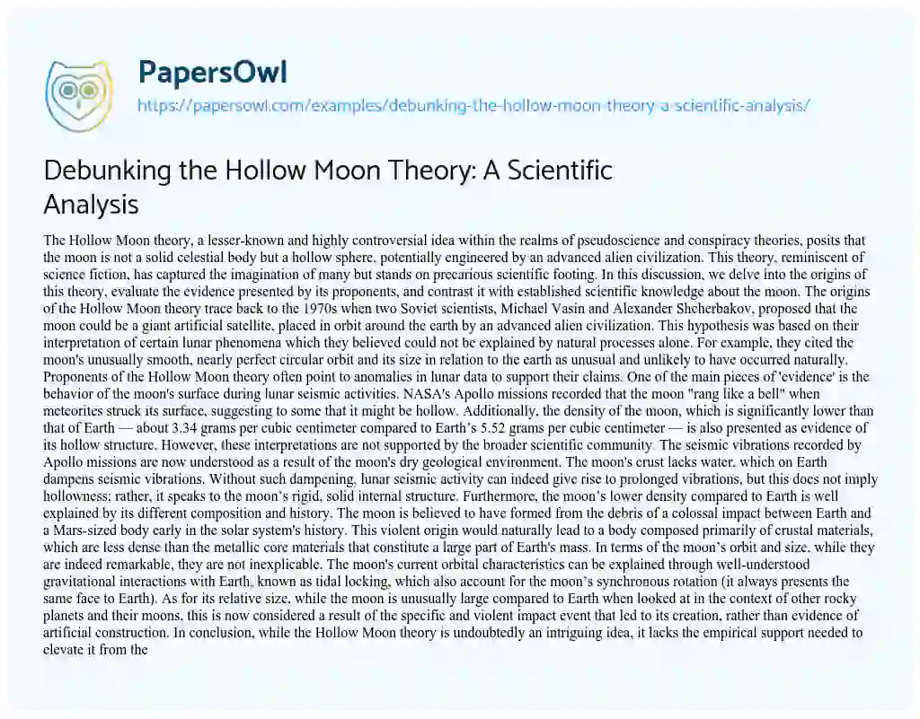 Essay on Debunking the Hollow Moon Theory: a Scientific Analysis