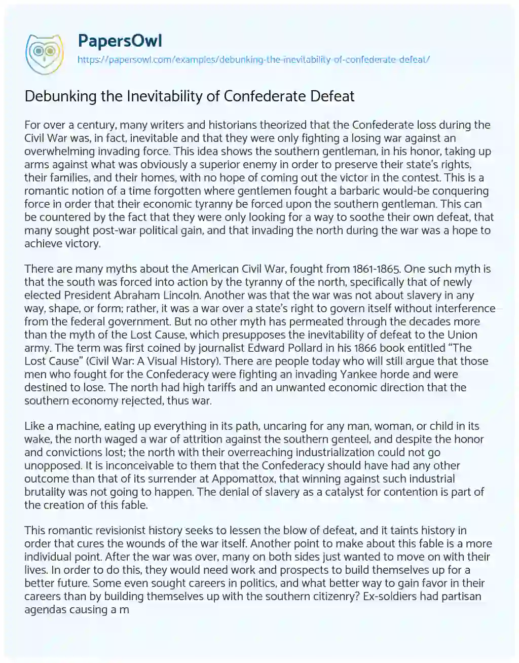 Essay on Debunking the Inevitability of Confederate Defeat