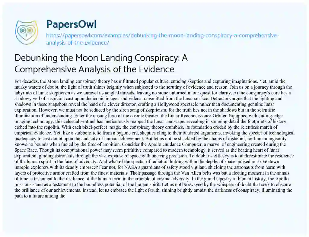 Essay on Debunking the Moon Landing Conspiracy: a Comprehensive Analysis of the Evidence