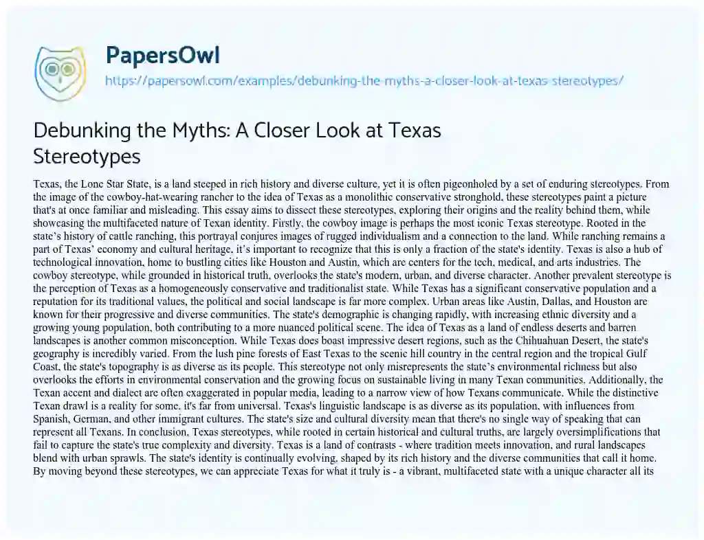 Essay on Debunking the Myths: a Closer Look at Texas Stereotypes