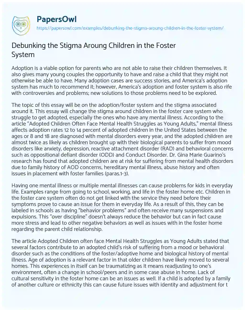 Essay on Debunking the Stigma Aroung Children in the Foster System