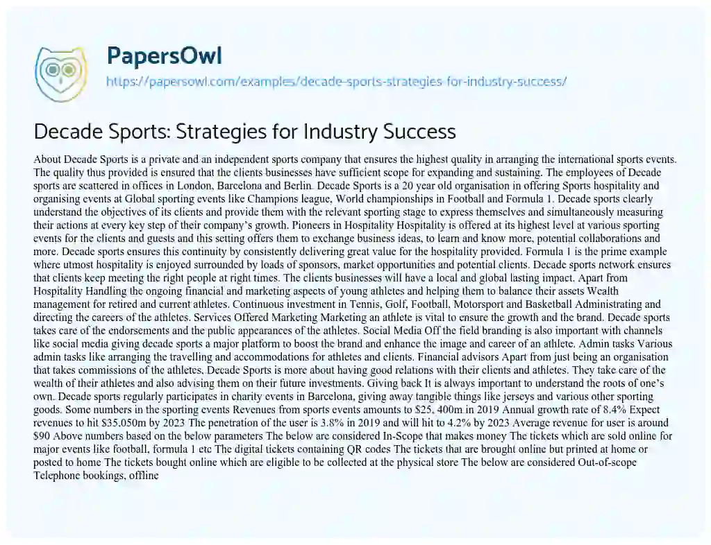 Essay on Decade Sports: Strategies for Industry Success