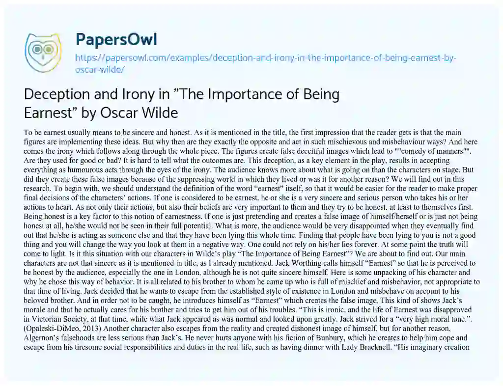 Essay on Deception and Irony in “The Importance of being Earnest” by Oscar Wilde