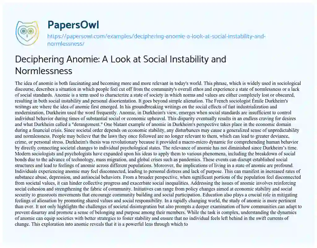 Essay on Deciphering Anomie: a Look at Social Instability and Normlessness