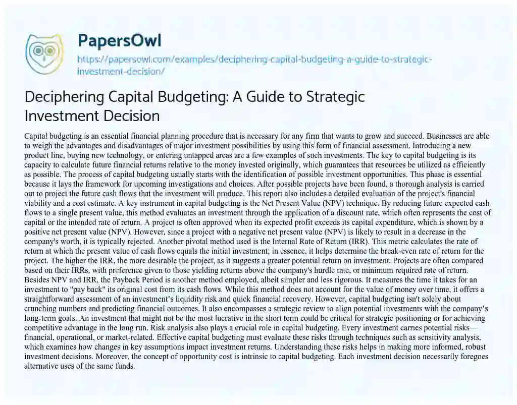 Essay on Deciphering Capital Budgeting: a Guide to Strategic Investment Decision