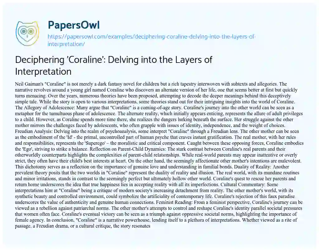 Essay on Deciphering ‘Coraline’: Delving into the Layers of Interpretation