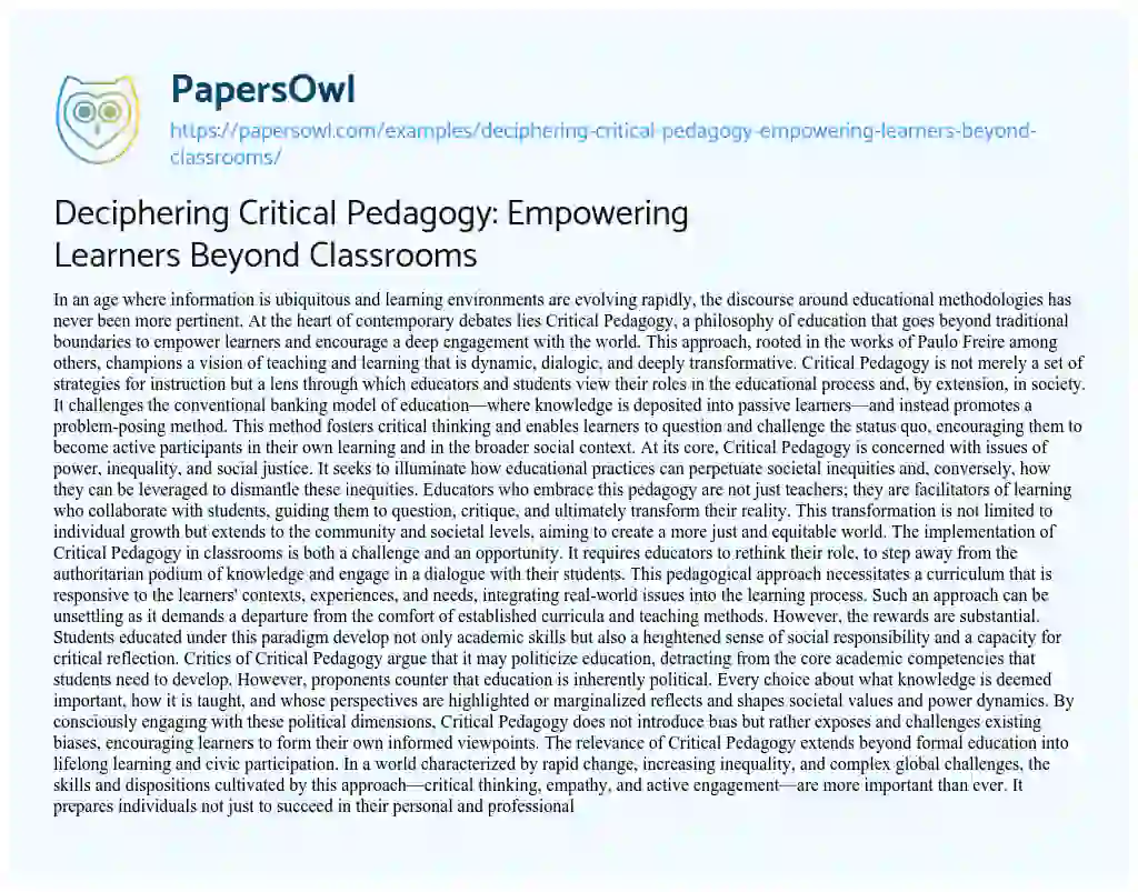 Essay on Deciphering Critical Pedagogy: Empowering Learners Beyond Classrooms