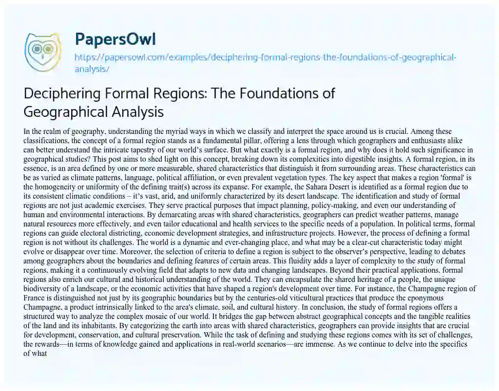 Essay on Deciphering Formal Regions: the Foundations of Geographical Analysis