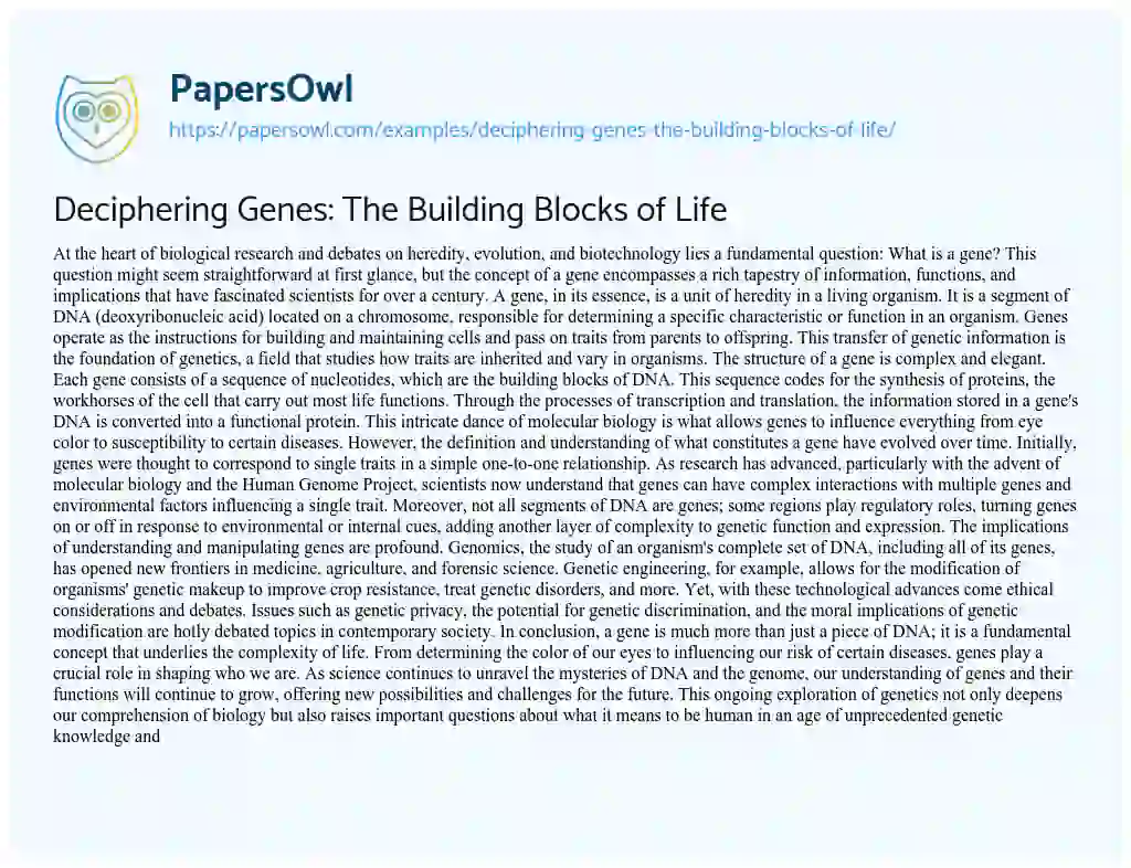 Essay on Deciphering Genes: the Building Blocks of Life