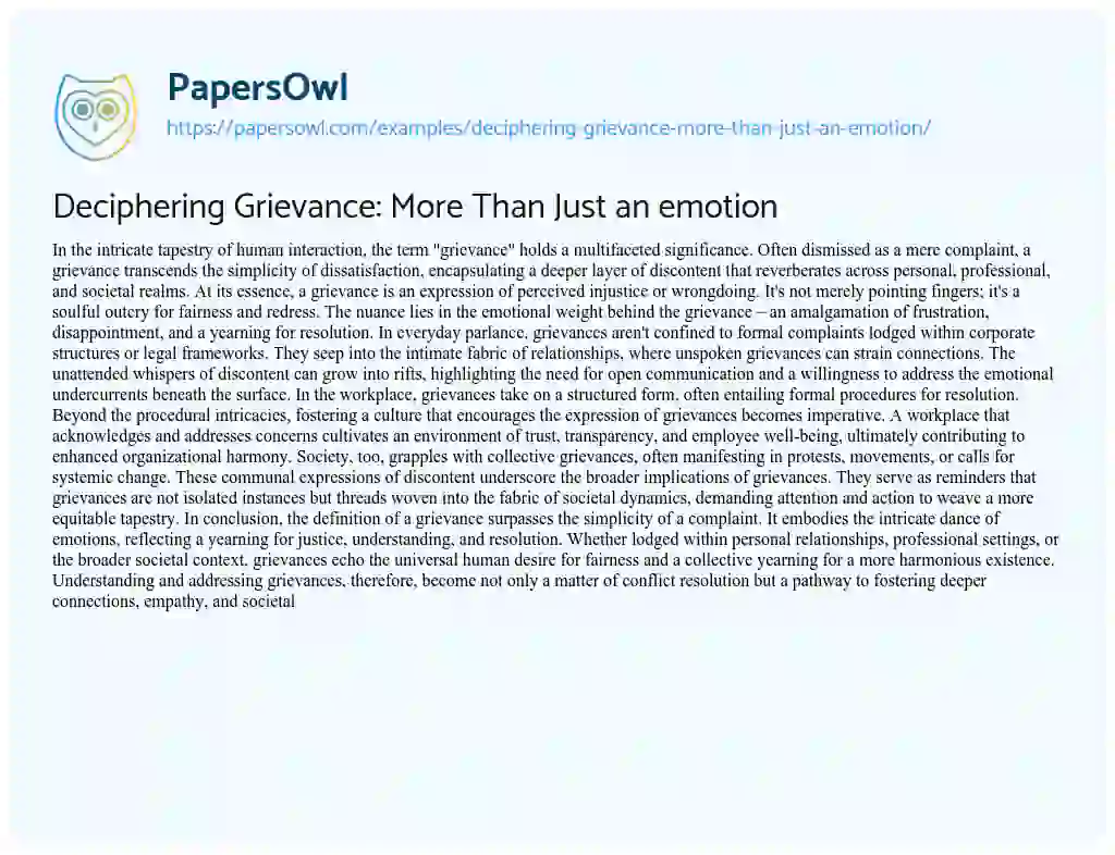 Essay on Deciphering Grievance: more than Just an Emotion