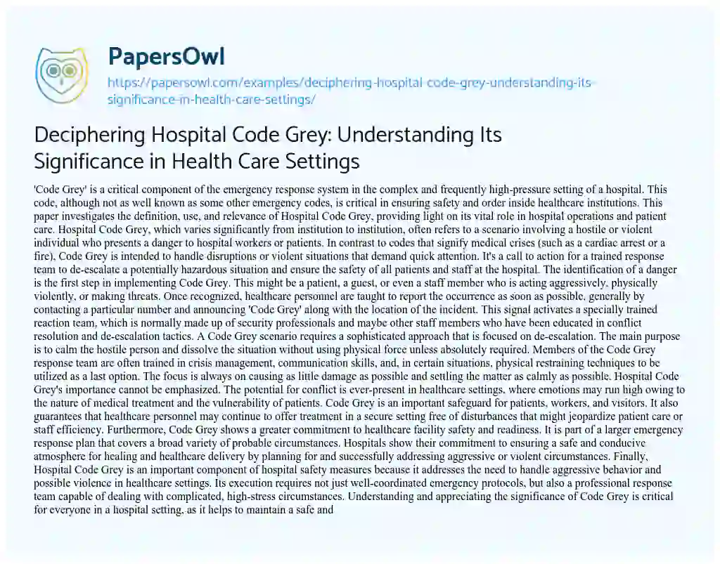 Essay on Deciphering Hospital Code Grey: Understanding its Significance in Health Care Settings