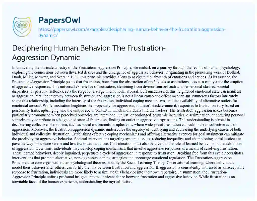 Essay on Deciphering Human Behavior: the Frustration-Aggression Dynamic