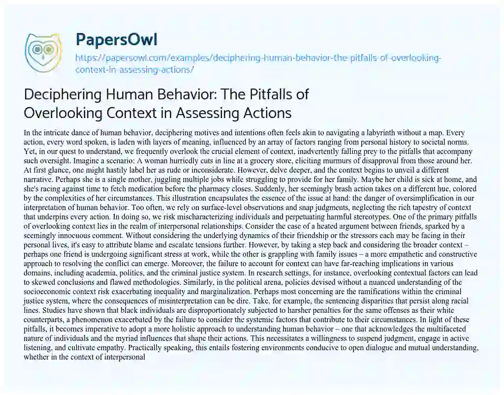 Essay on Deciphering Human Behavior: the Pitfalls of Overlooking Context in Assessing Actions