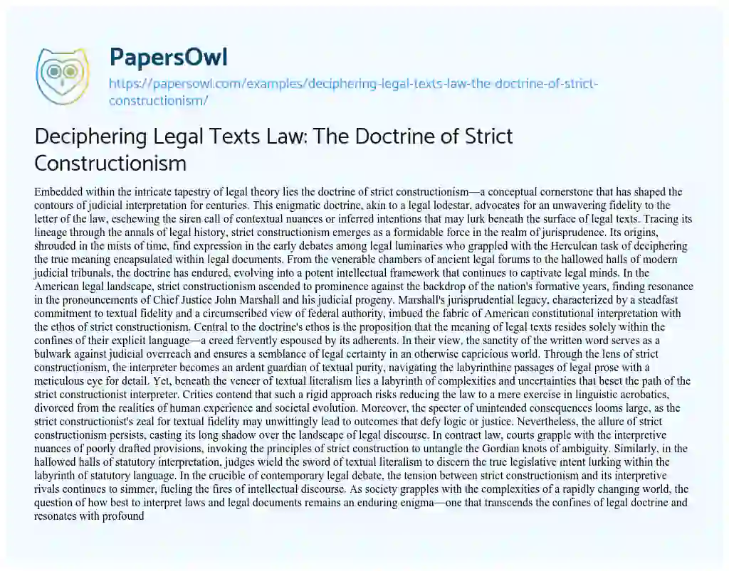 Essay on Deciphering Legal Texts Law: The Doctrine of Strict Constructionism