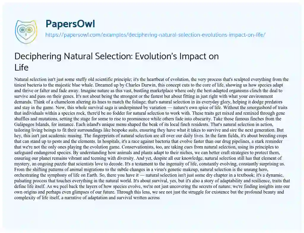Essay on Deciphering Natural Selection: Evolution’s Impact on Life