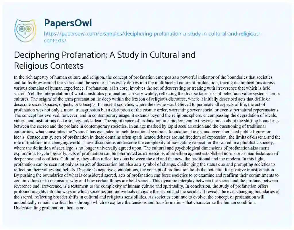 Essay on Deciphering Profanation: A Study in Cultural and Religious Contexts