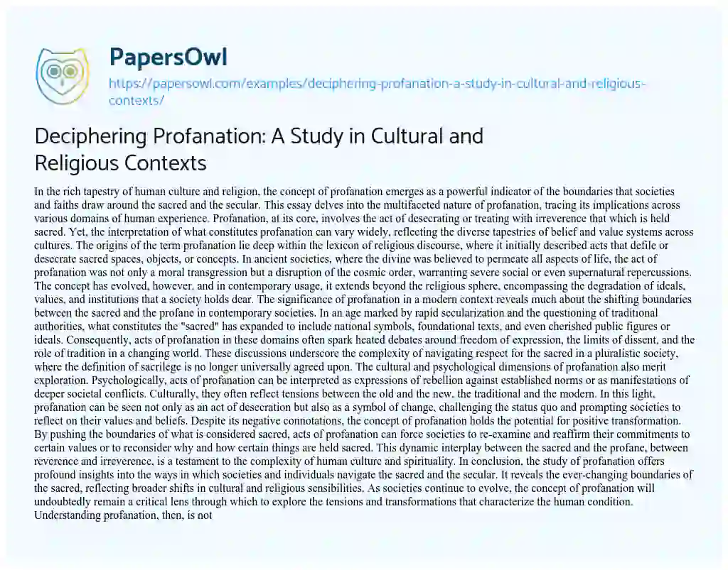 Essay on Deciphering Profanation: a Study in Cultural and Religious Contexts