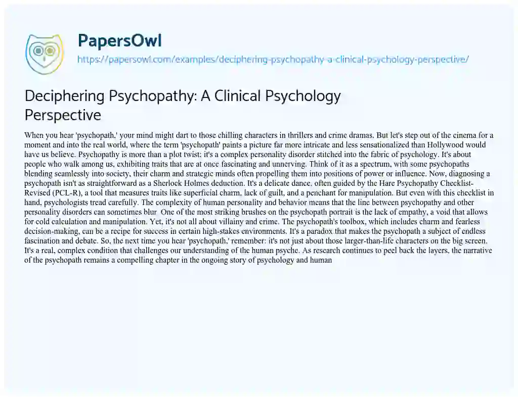 Essay on Deciphering Psychopathy: a Clinical Psychology Perspective