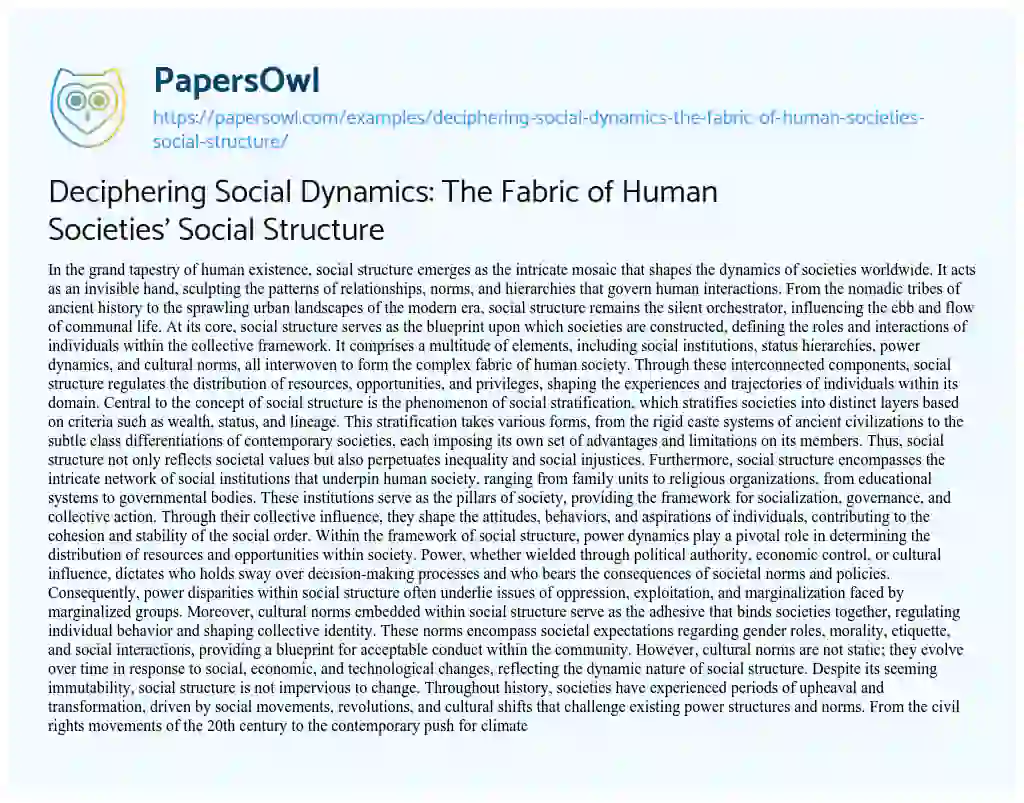 Essay on Deciphering Social Dynamics: the Fabric of Human Societies’ Social Structure