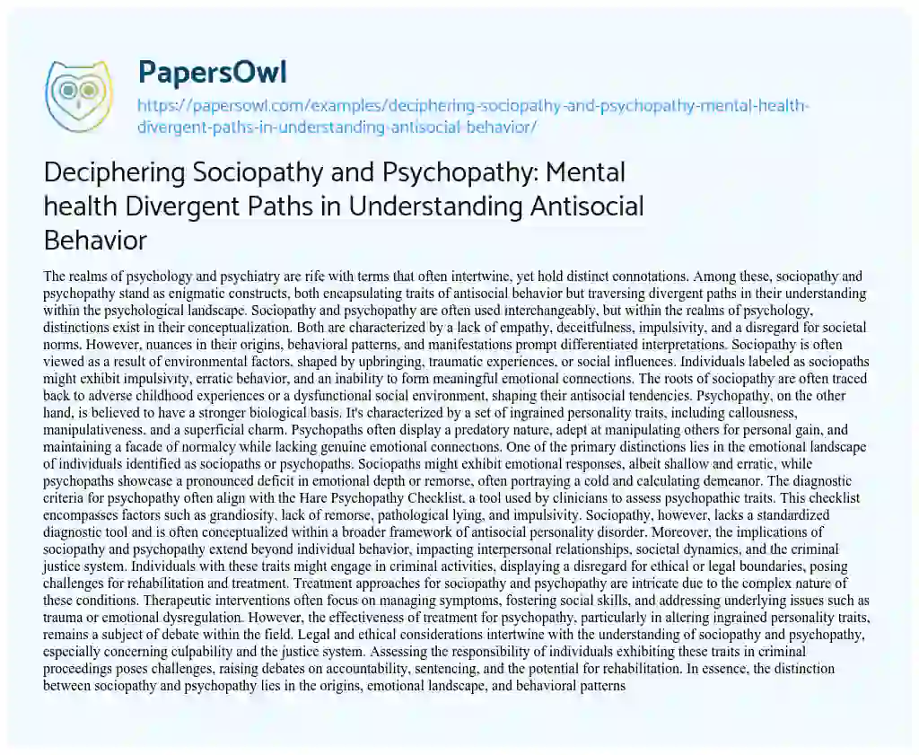 Essay on Deciphering Sociopathy and Psychopathy: Mental Health Divergent Paths in Understanding Antisocial Behavior