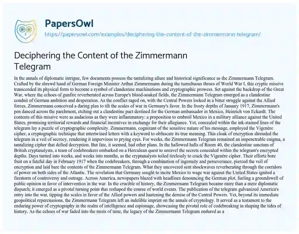 Essay on Deciphering the Content of the Zimmermann Telegram
