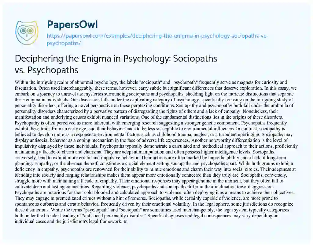 Essay on Deciphering the Enigma in Psychology: Sociopaths Vs. Psychopaths