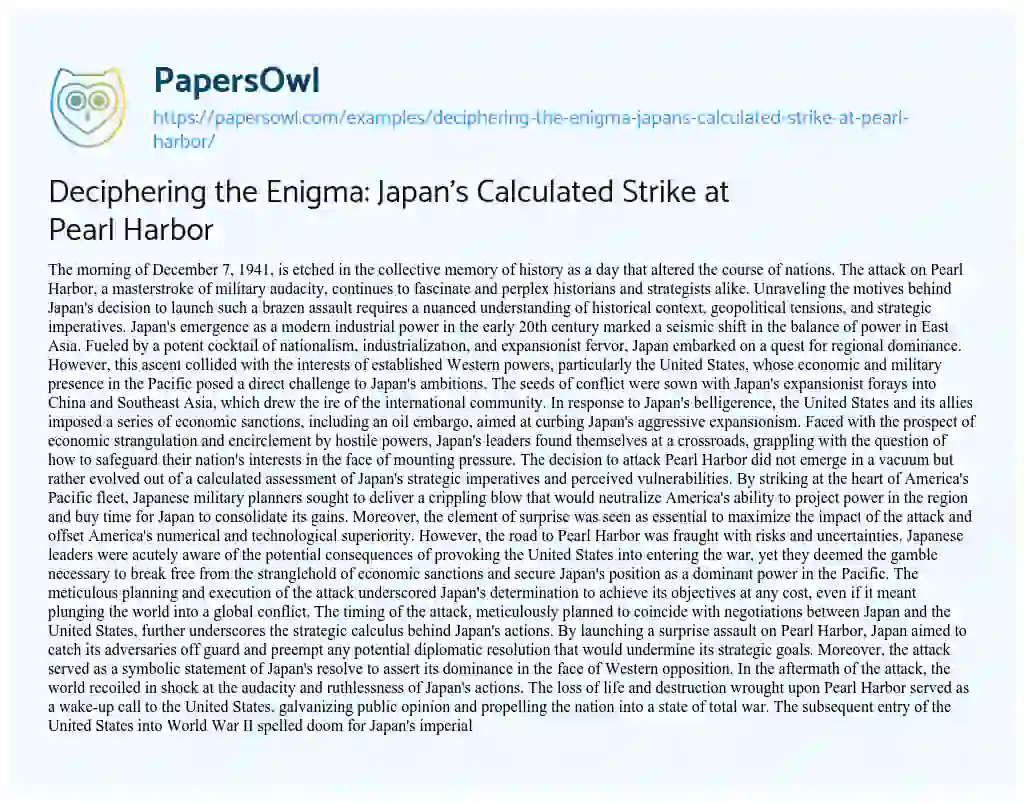 Essay on Deciphering the Enigma: Japan’s Calculated Strike at Pearl Harbor