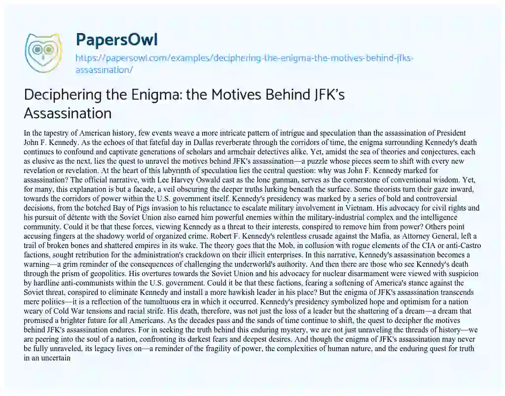 Essay on Deciphering the Enigma: the Motives Behind JFK’s Assassination